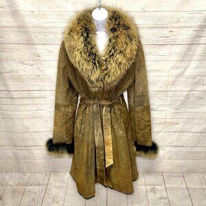 Overland Ember Sheepskin belted jacket with raccoon fur trim